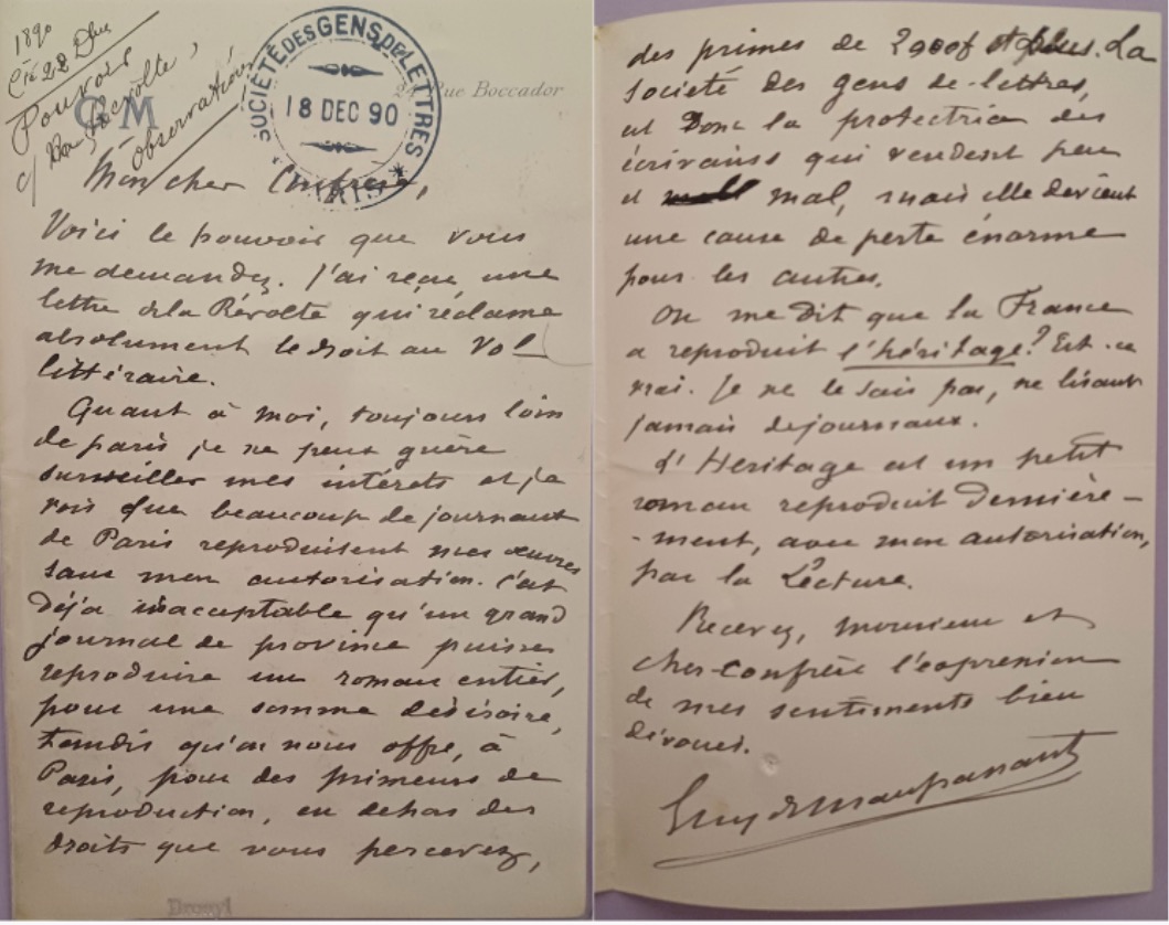 Lettre de Guy de Maupassant, datée du 18 décembre 1890. SGDL.